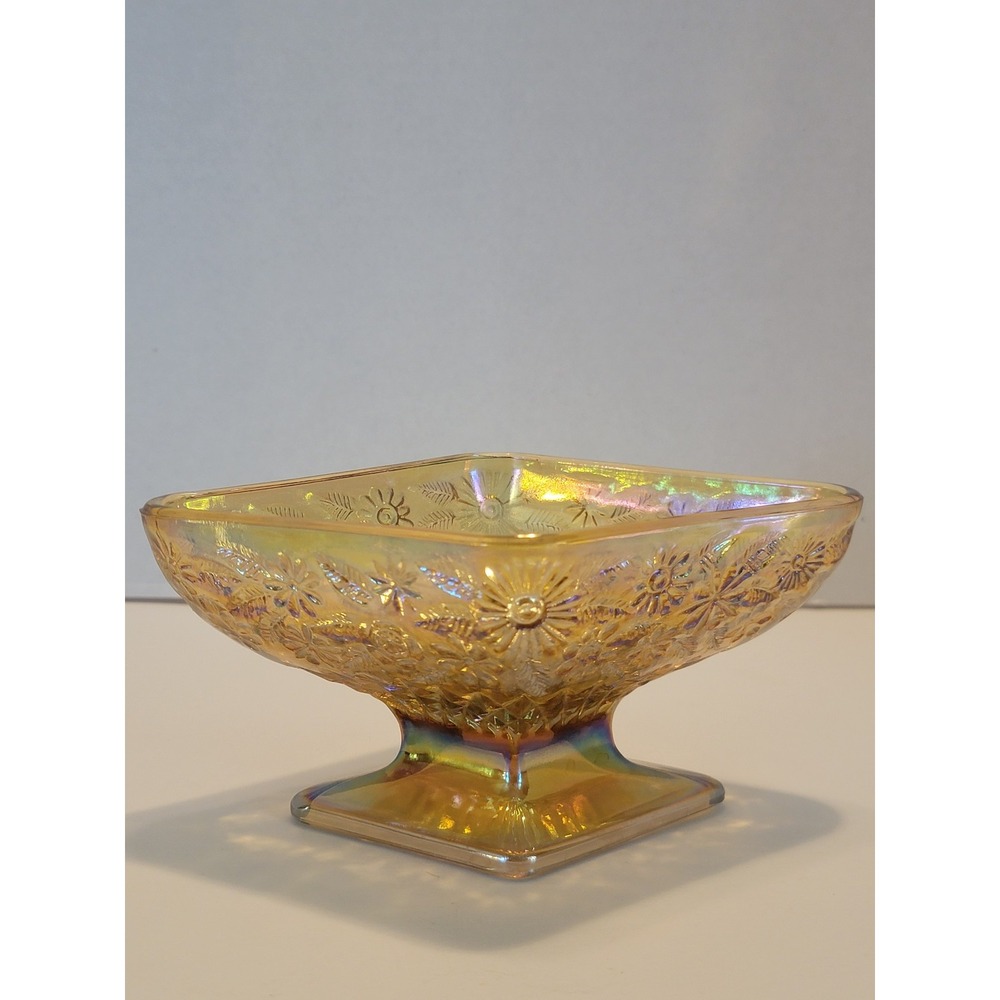 Carnival Glass Marigold Diamond Shaped Pedestal Candy Dish with Floral Pattern